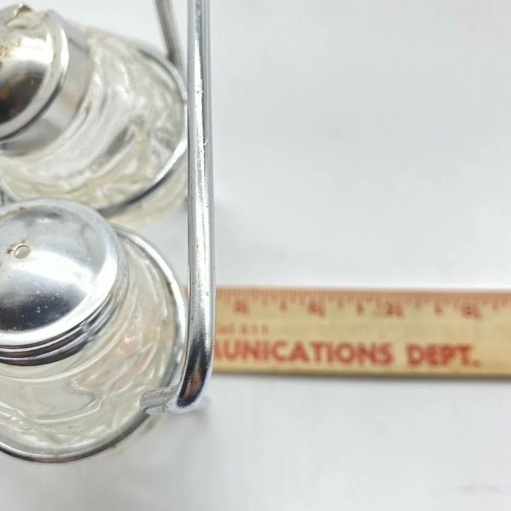 Vintage Glass Salt Pepper Mustard Condiment Set Wheelbarrow Caddy Metal‎ Holder